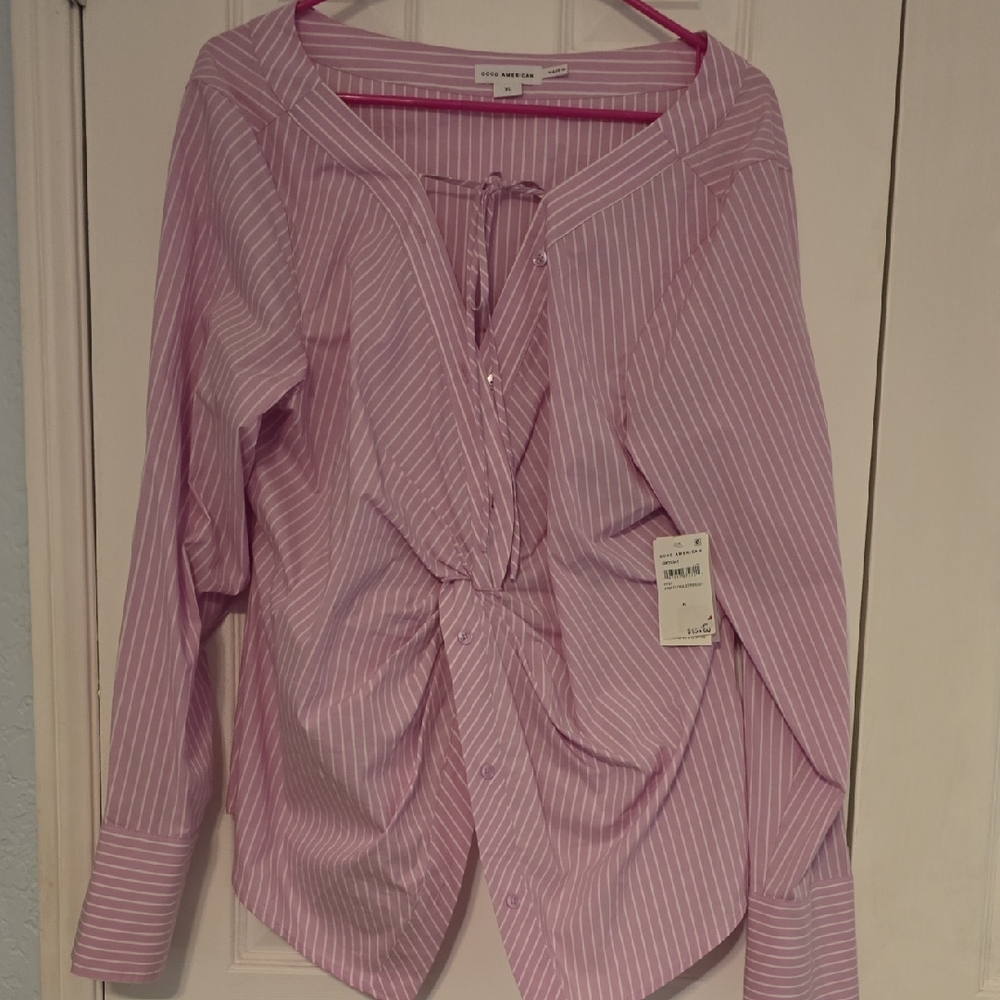 Good American Pink and White Striped Button Down Shirt